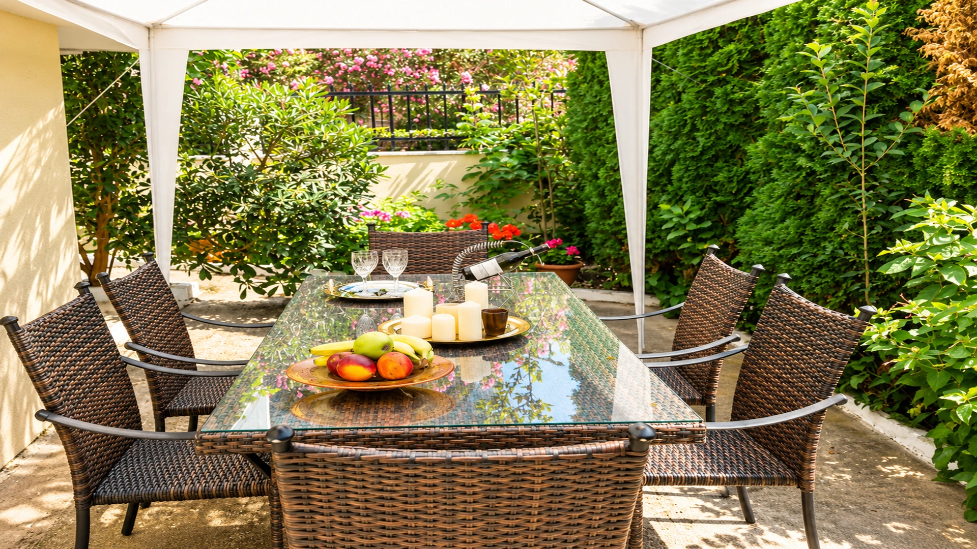 Outdoor dining under a garden canopy